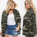 Women Plus Size Clothing XXX 100% Cotton Casual Collared Neck Buttoned Green Camo Print Shacket Military Camouflage Jacket